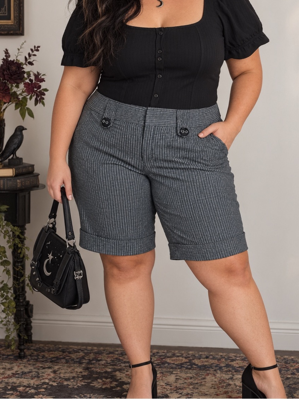 Tracy Evans Y2k Bermuda Pinstripe Shorts Navy Size 13 Cuffed Vintage Workwear